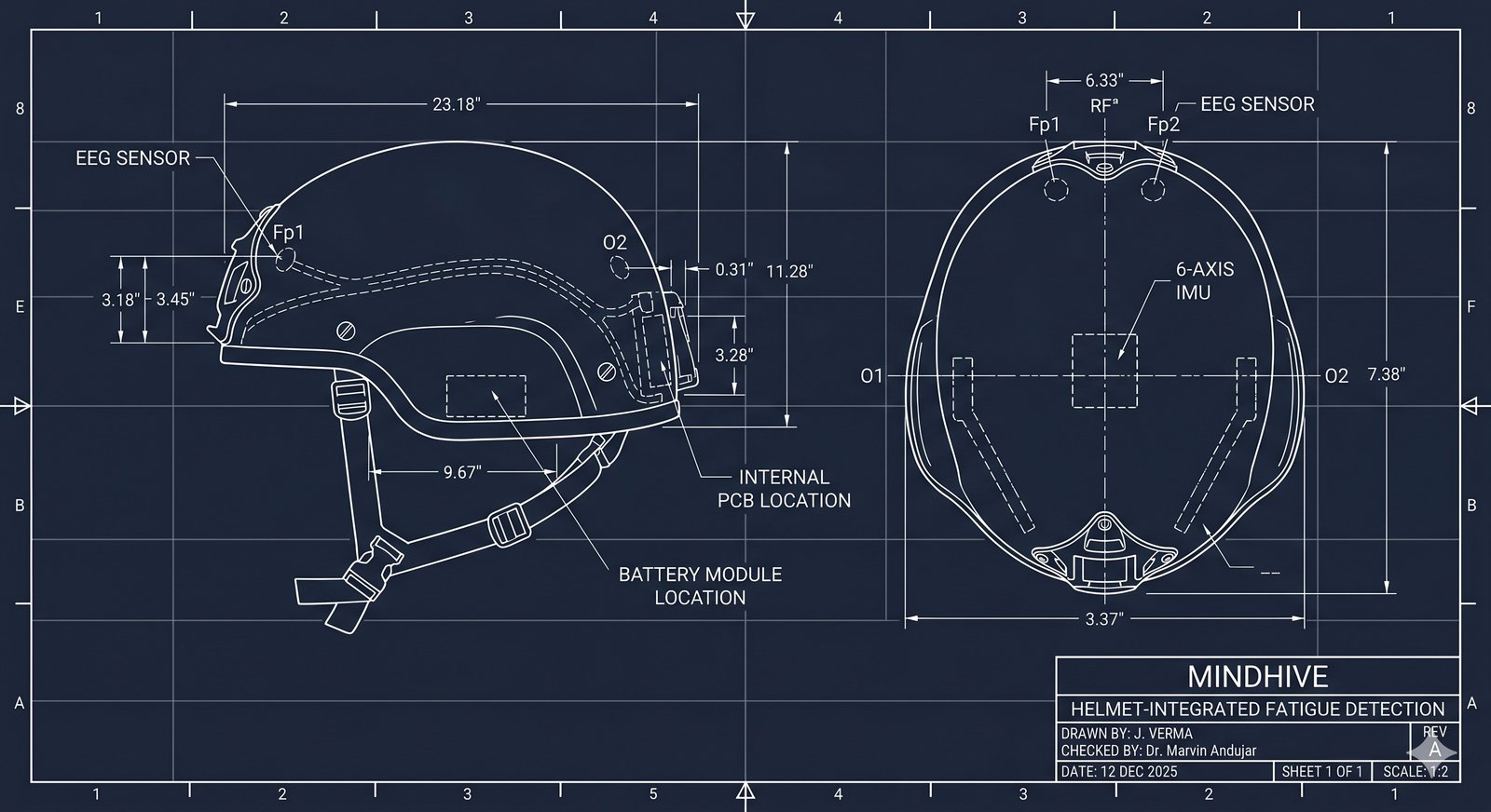 MindHive helmet engineering blueprint — side and top views with dimensional callouts